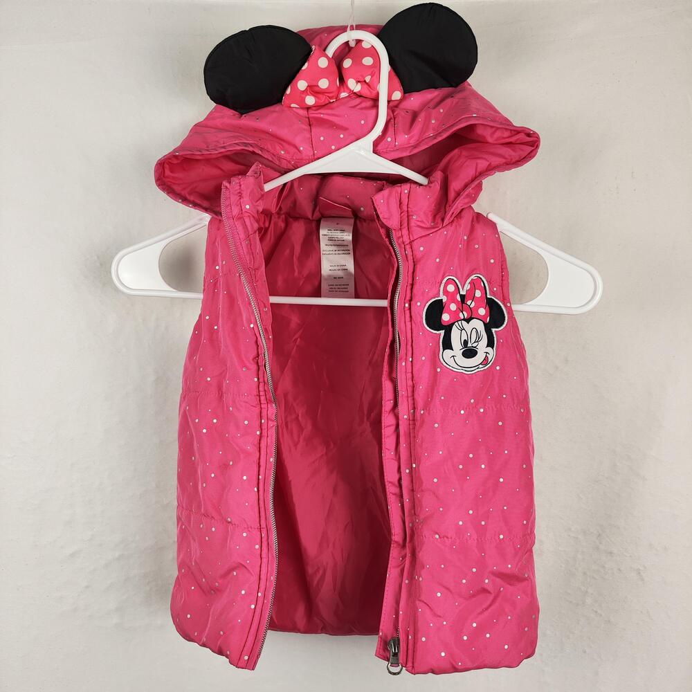 Disney Vest Girls 3T Pink Minnie Mouse Hooded Puffer Polka Dot Ears Bow